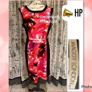 Maggy London Sleeveless Dress Abstract Floral Watercolor Brush Pink Red Black 14